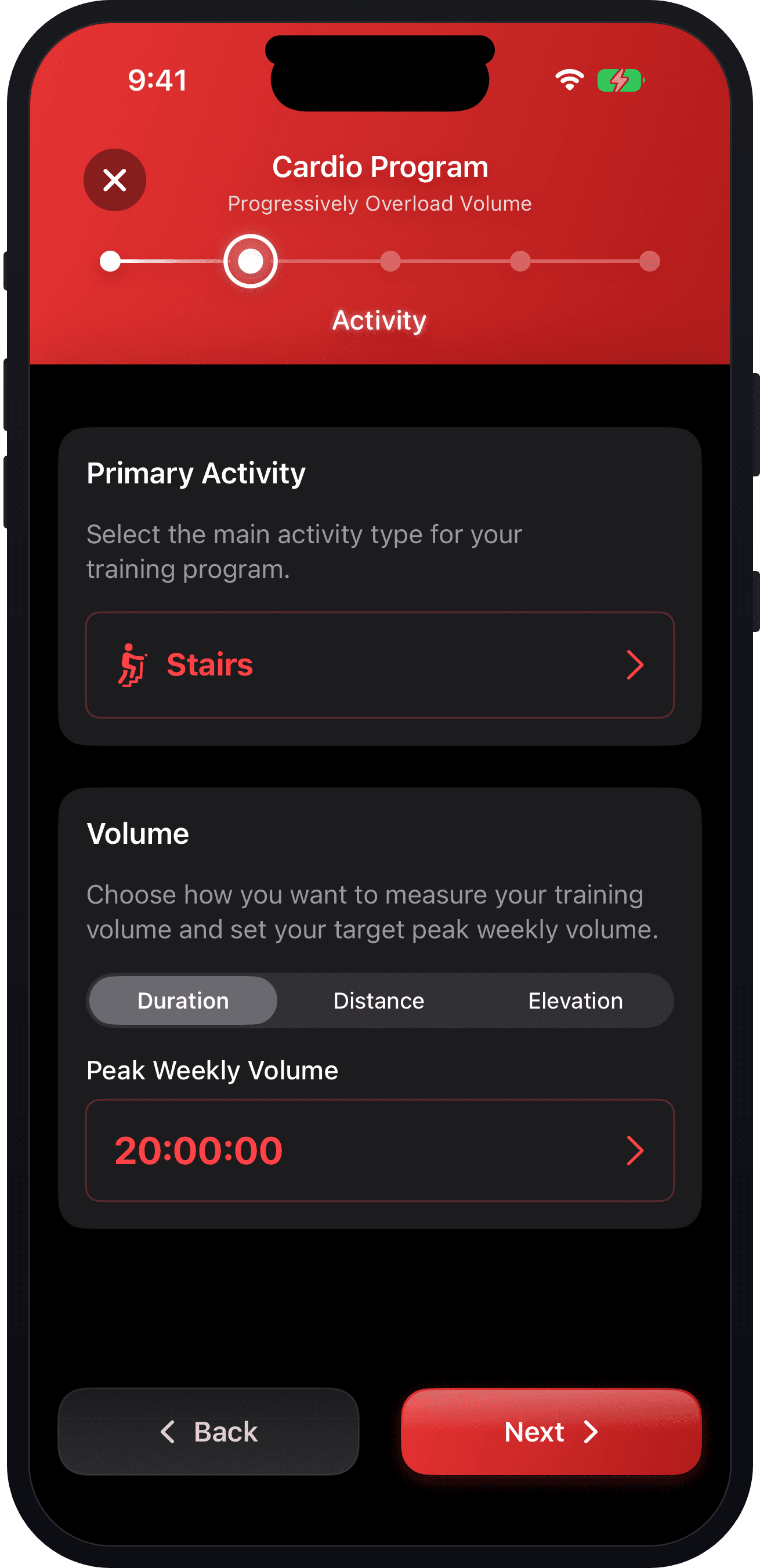 Cardio program builder — choosing the primary activity and peak weekly volume