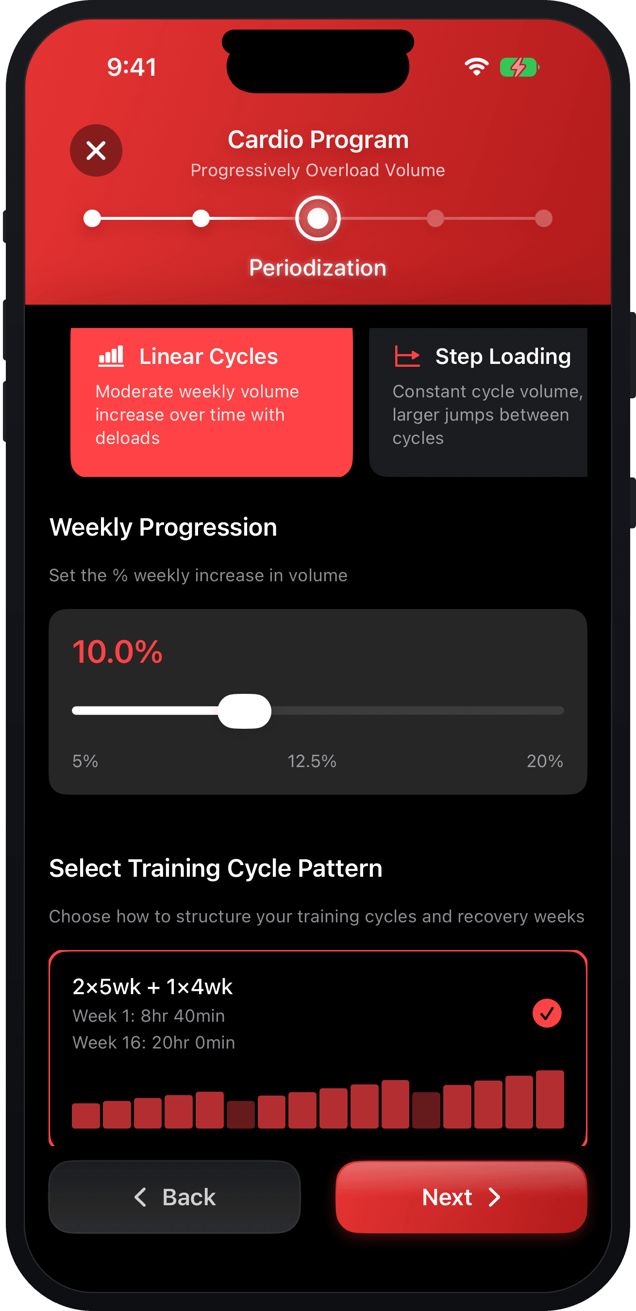 Cardio program builder — periodization style, weekly progression and training cycle pattern