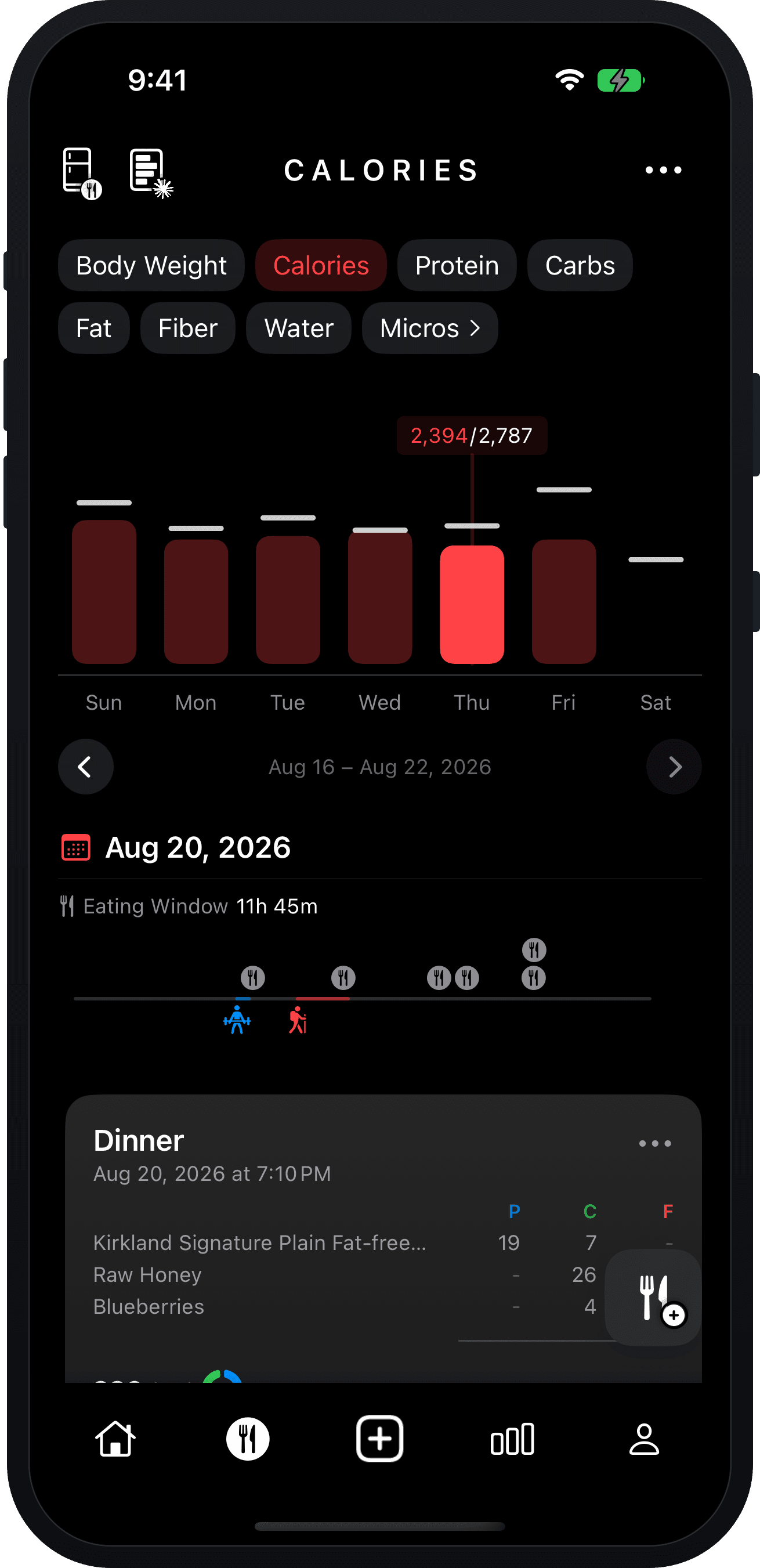 Client calorie and meal history with eating-window timeline