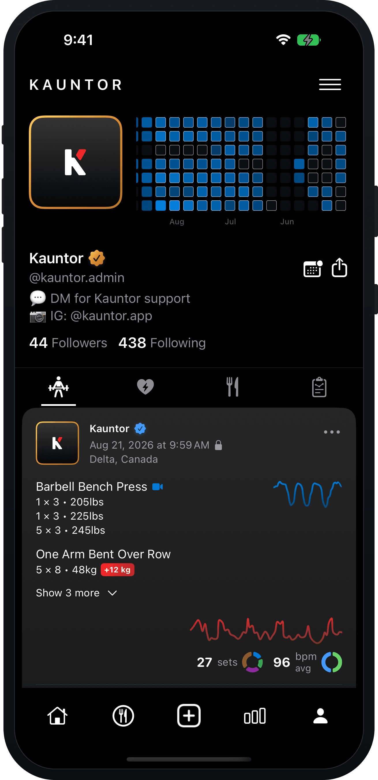 A Kauntor profile with the year’s training calendar and a logged strength workout