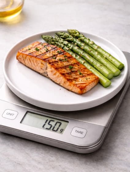 A plated salmon fillet on a kitchen scale reading 150 g