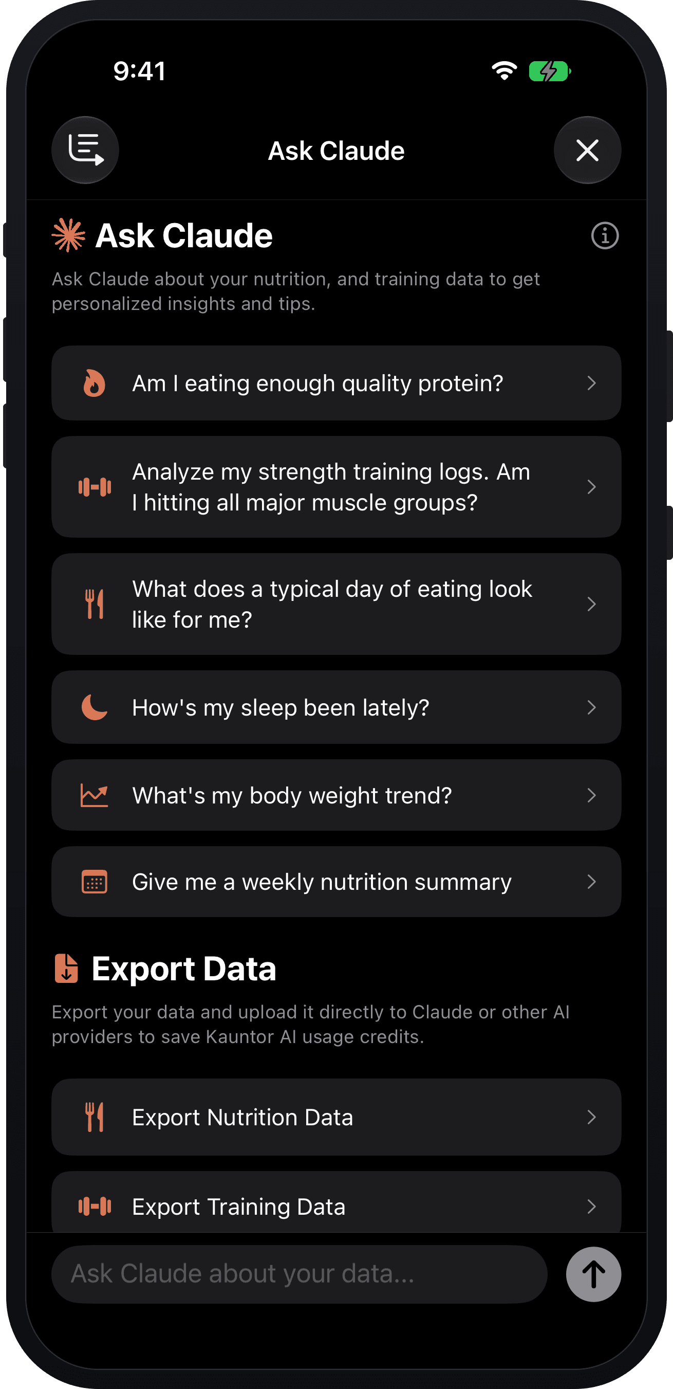 The Ask Claude screen with suggested questions and data export options