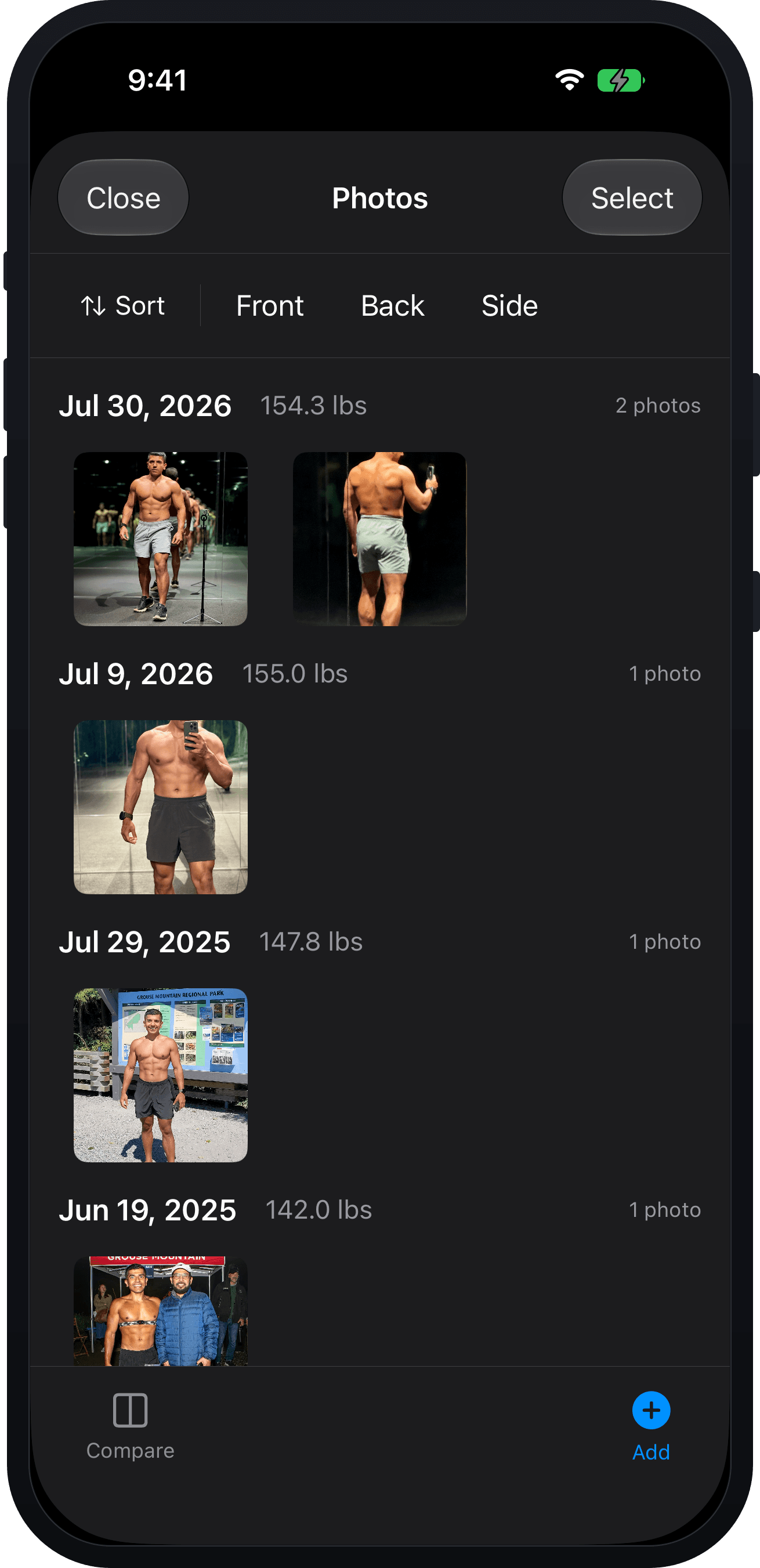 Progress photos filed by date and pose, each with the body weight recorded that day
