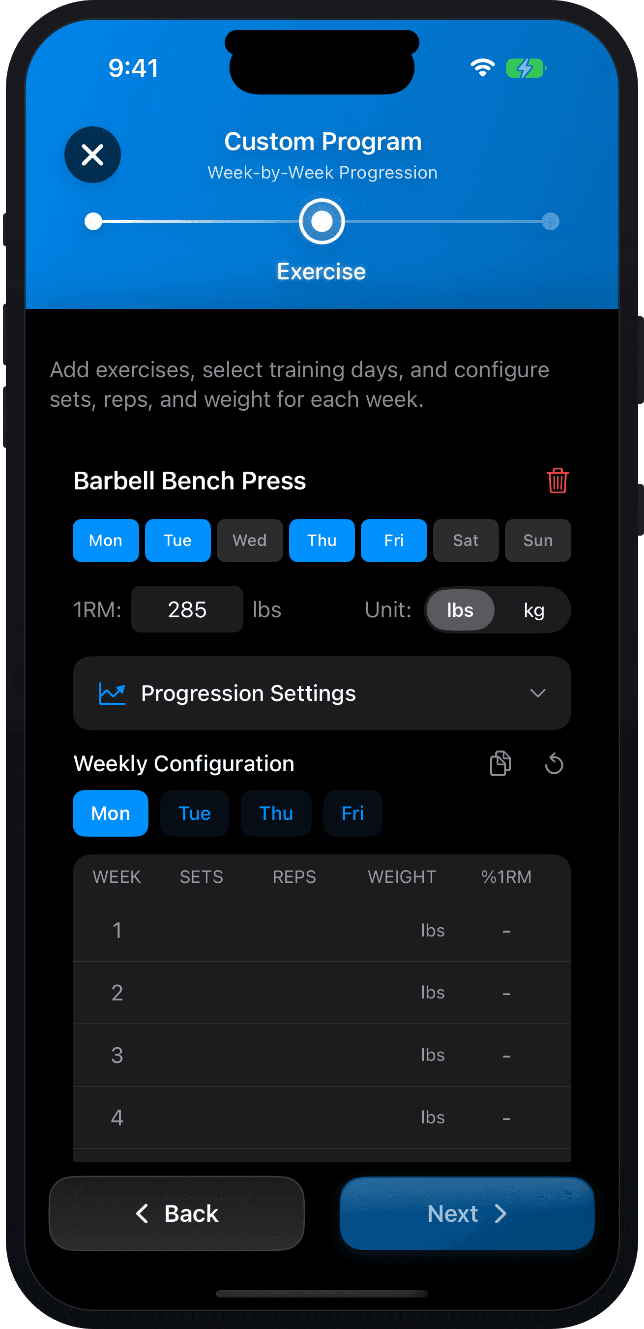 Custom program builder on iPhone — training days, 1RM and week-by-week sets, reps and weight
