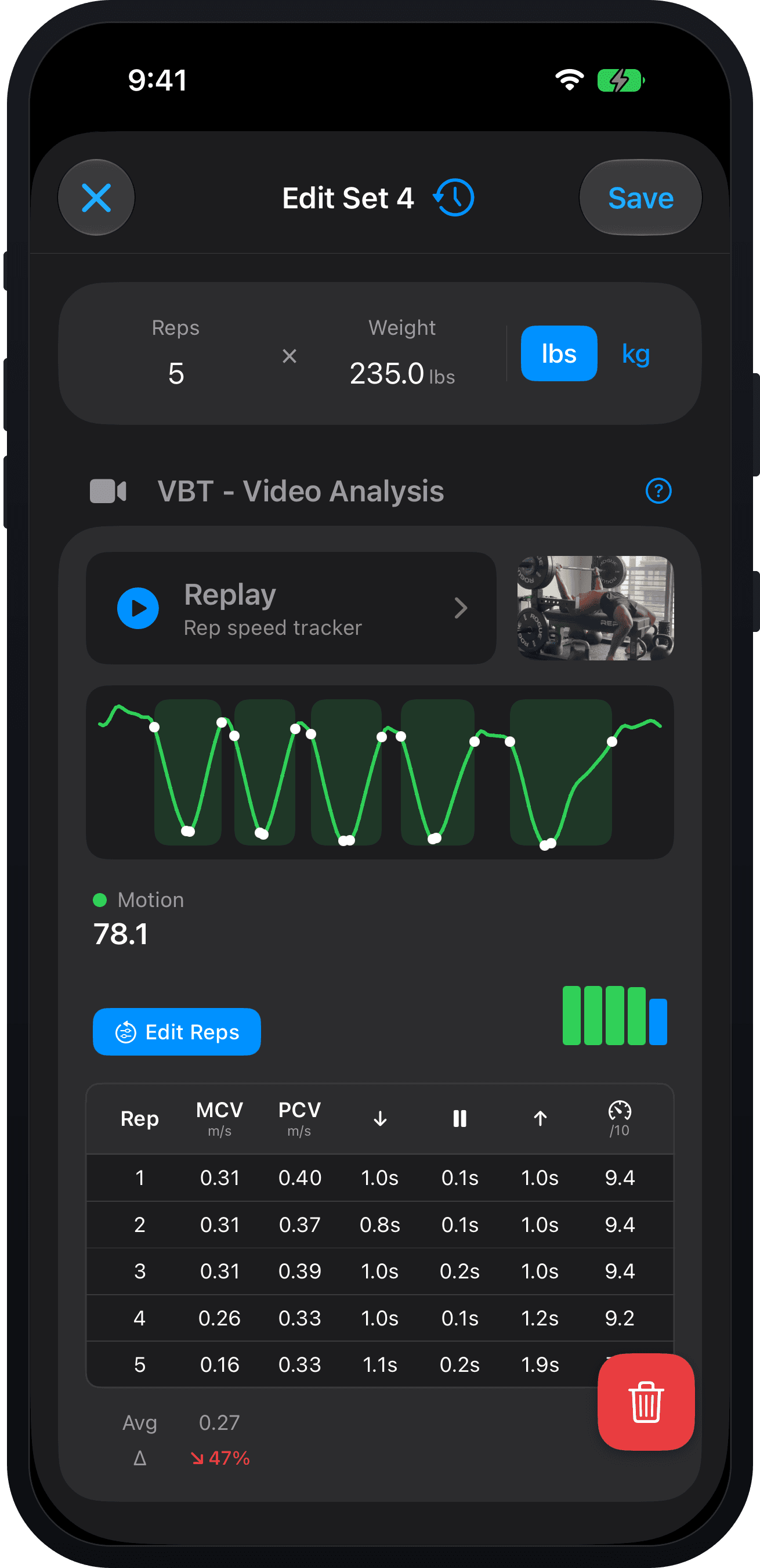 Set editor with the motion chart segmented into reps and per-rep velocity, tempo and quality scores