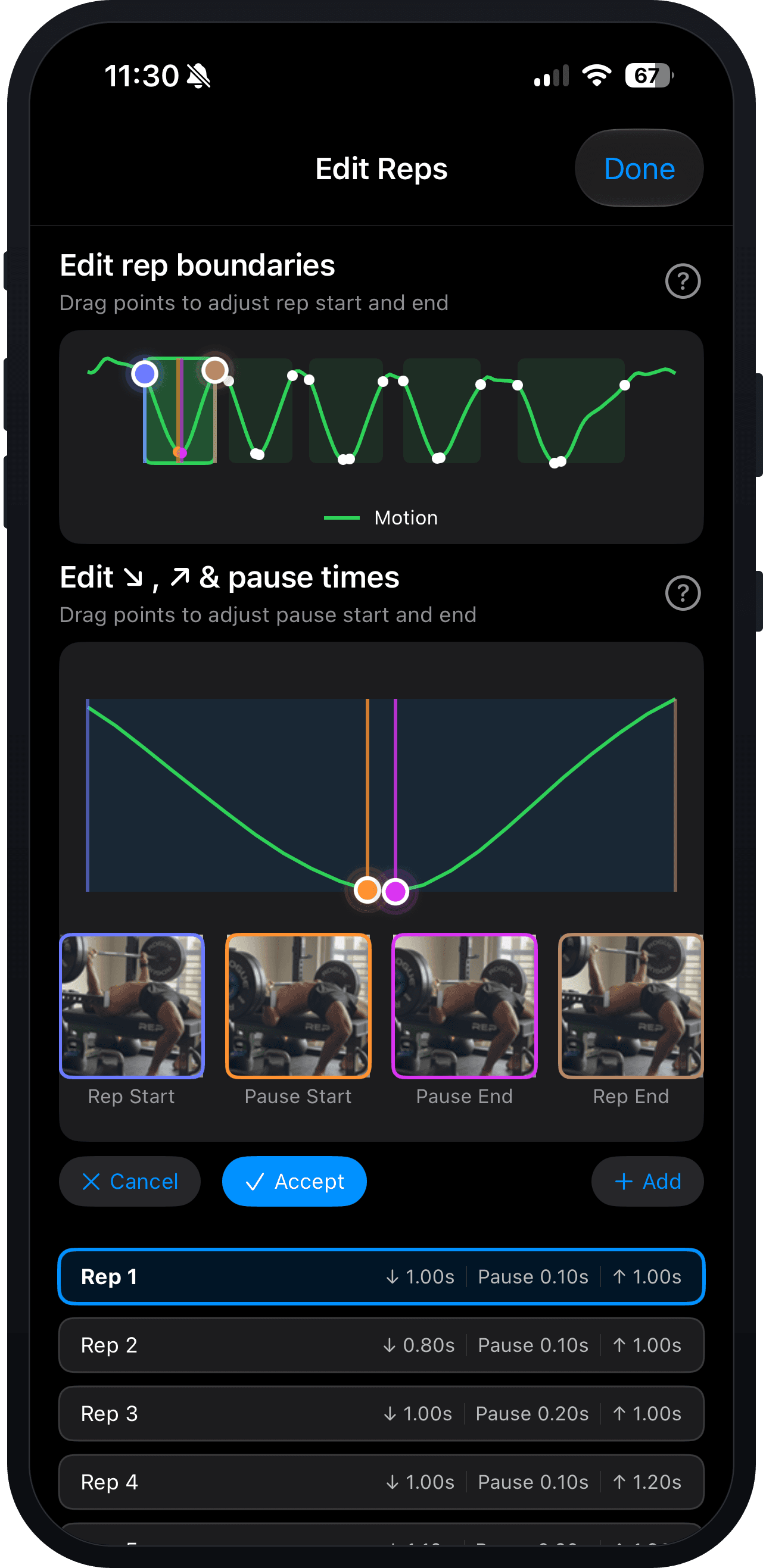 Edit Reps — dragging rep and pause boundaries, with the video frame at each breakpoint