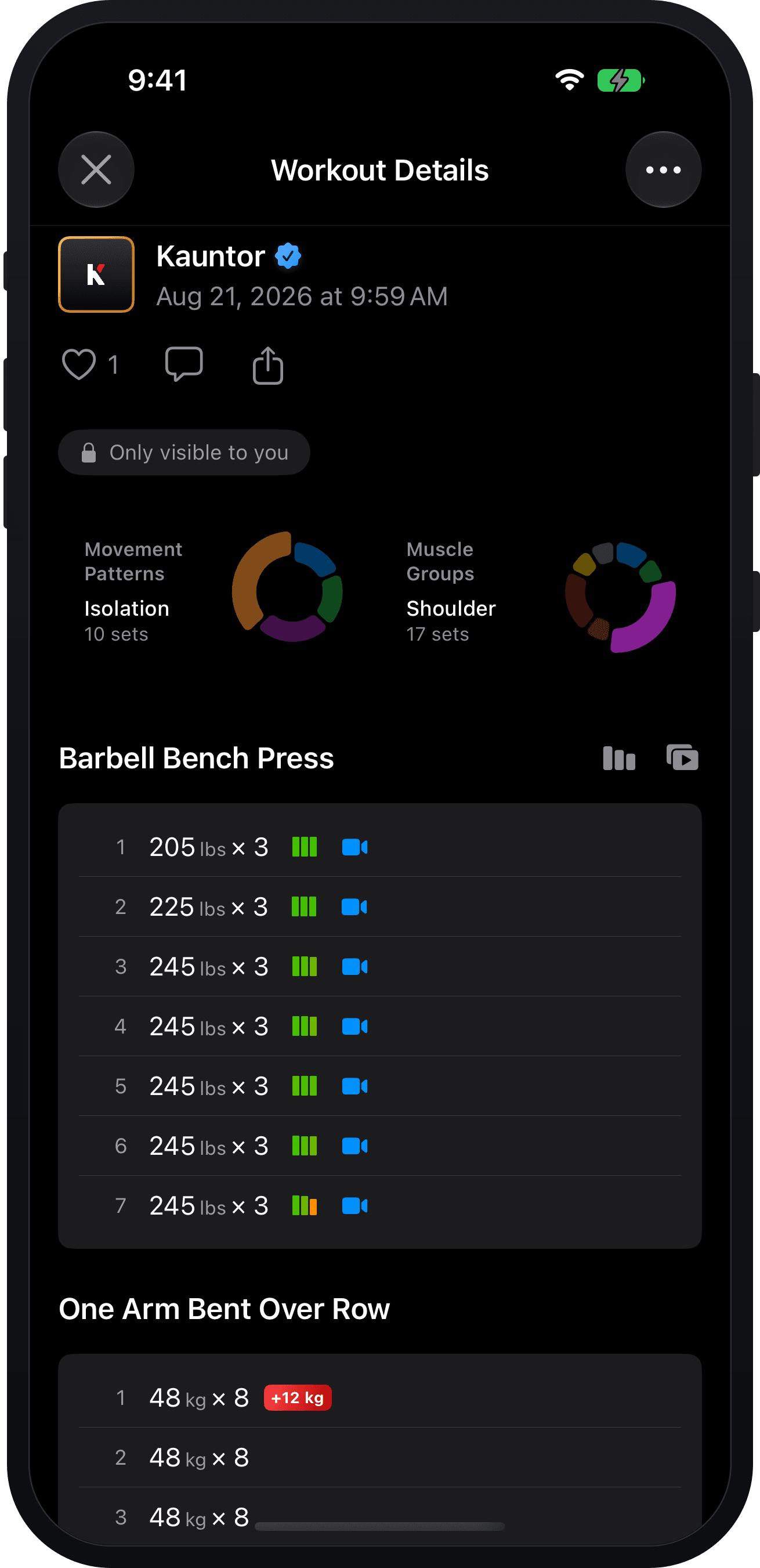 Workout detail with per-set velocity indicators beside every logged set