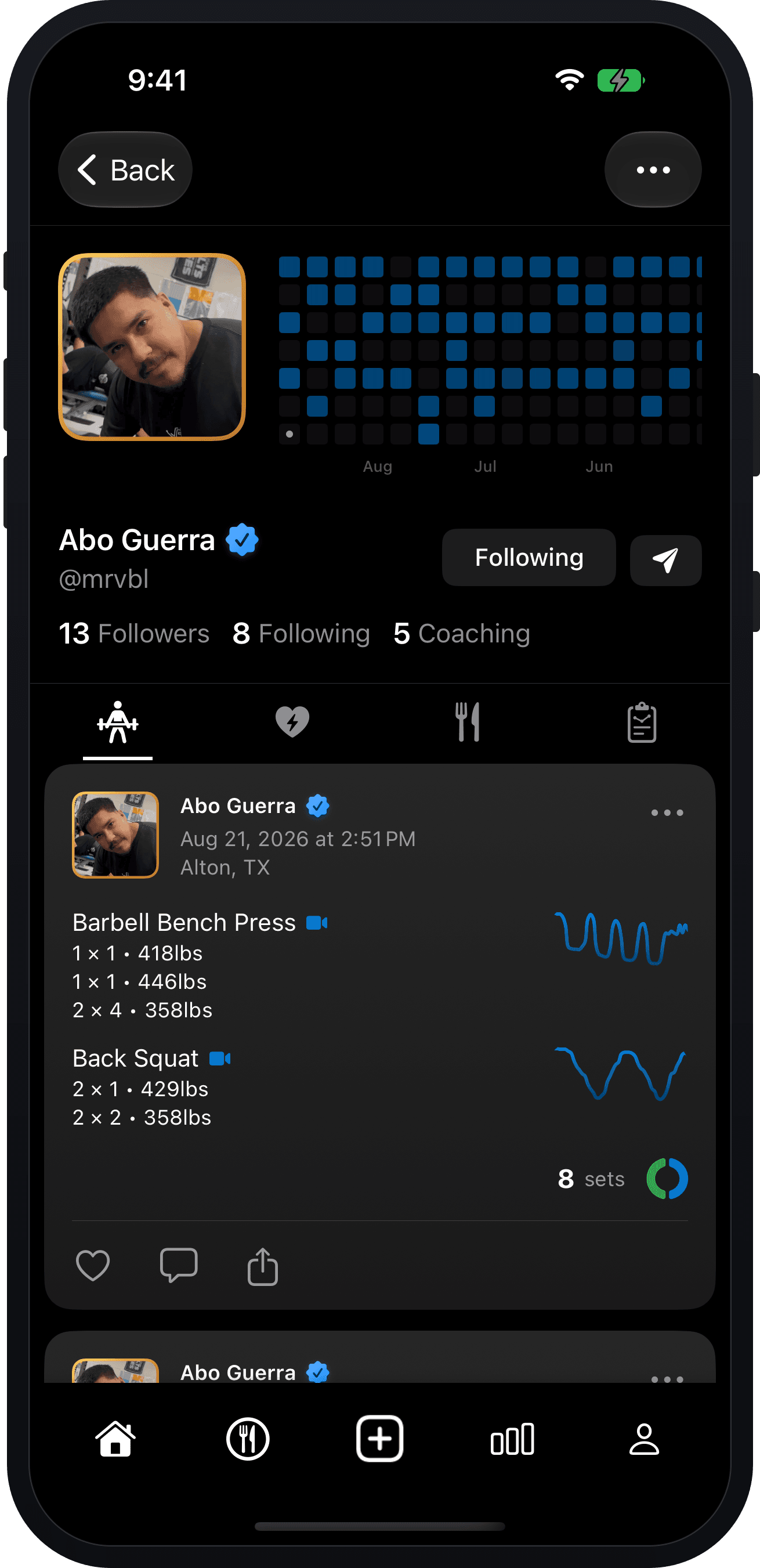 Strength profile on iPhone — logged sessions with each filmed set marked