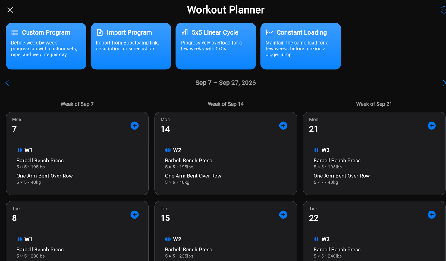Kauntor web app — the workout planner, with three weeks of planned sessions laid out